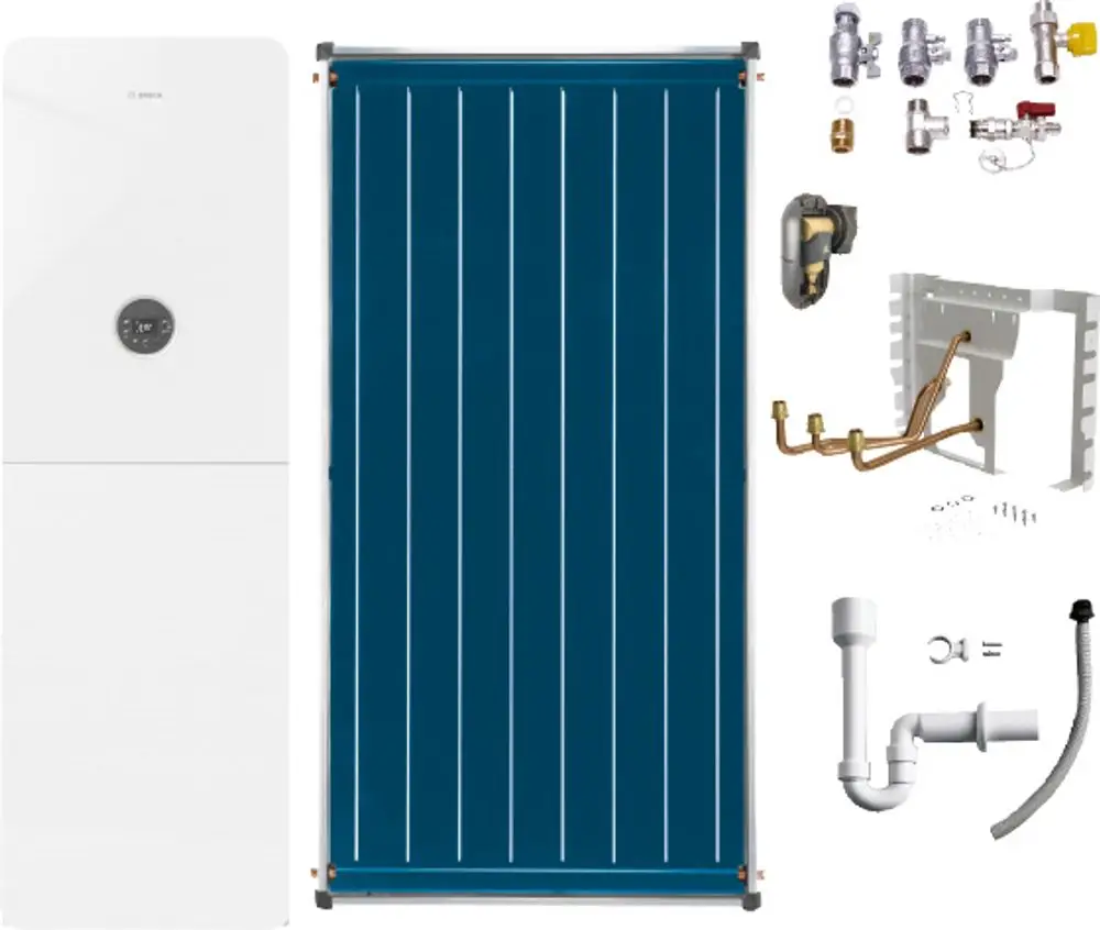 Bosch-Gasgerät mit integriertem Wärmetauscher und Solarkollektor. Dazu passende Komponenten wie Ventile und Rohrsystem zur Installation.